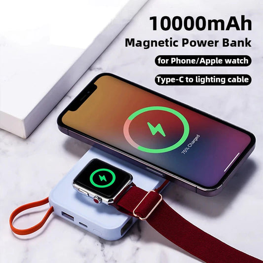 10000mAh Magnetic Wireless Power Bank With Cable Portable USB C Fast Charging External Battery For IPhone 15 Samsung Apple Watch