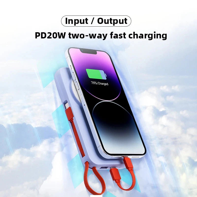 10000mAh Magnetic Wireless Power Bank With Cable Portable USB C Fast Charging External Battery For IPhone 15 Samsung Apple Watch