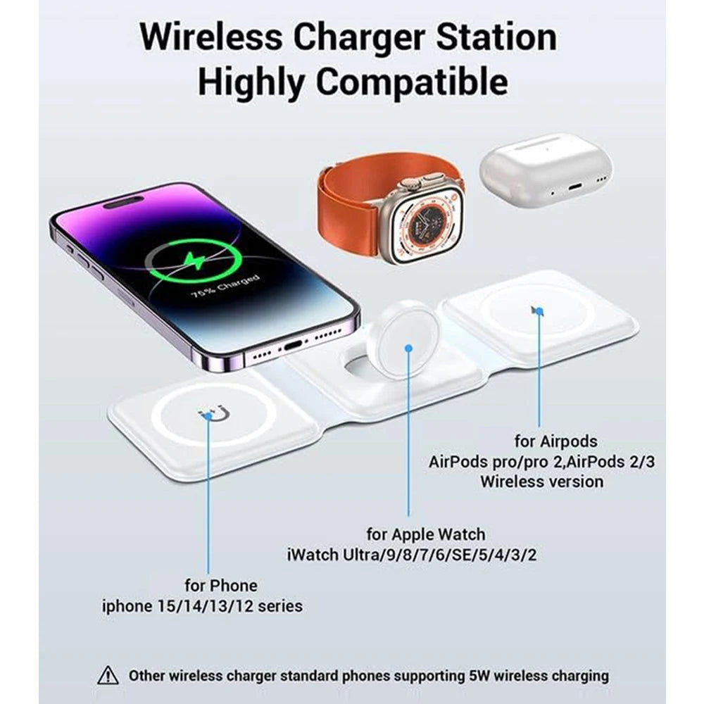 3 in 1 foldable Wireless Charger Pad Stand for iPhone 15 14 13 12Pro Max Airpods iWatch Fast Wireless Charging Dock Station