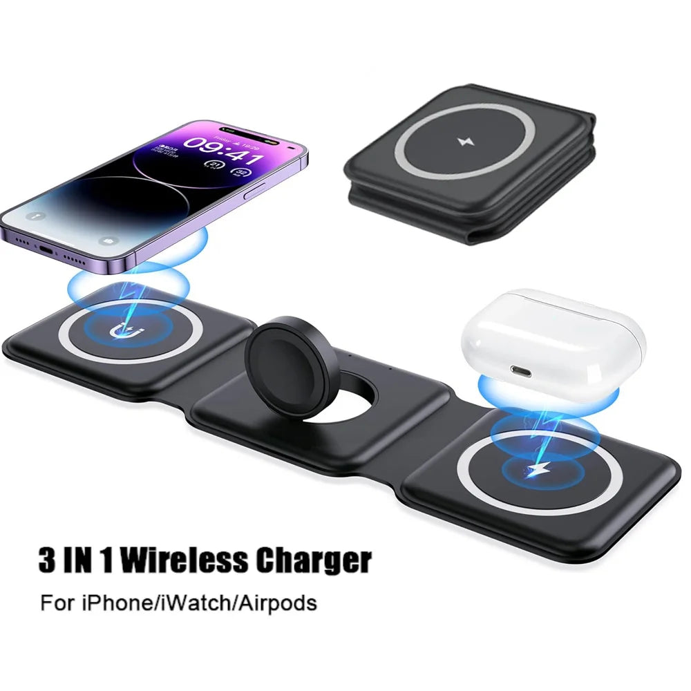 3 in 1 foldable Wireless Charger Pad Stand for iPhone 15 14 13 12Pro Max Airpods iWatch Fast Wireless Charging Dock Station