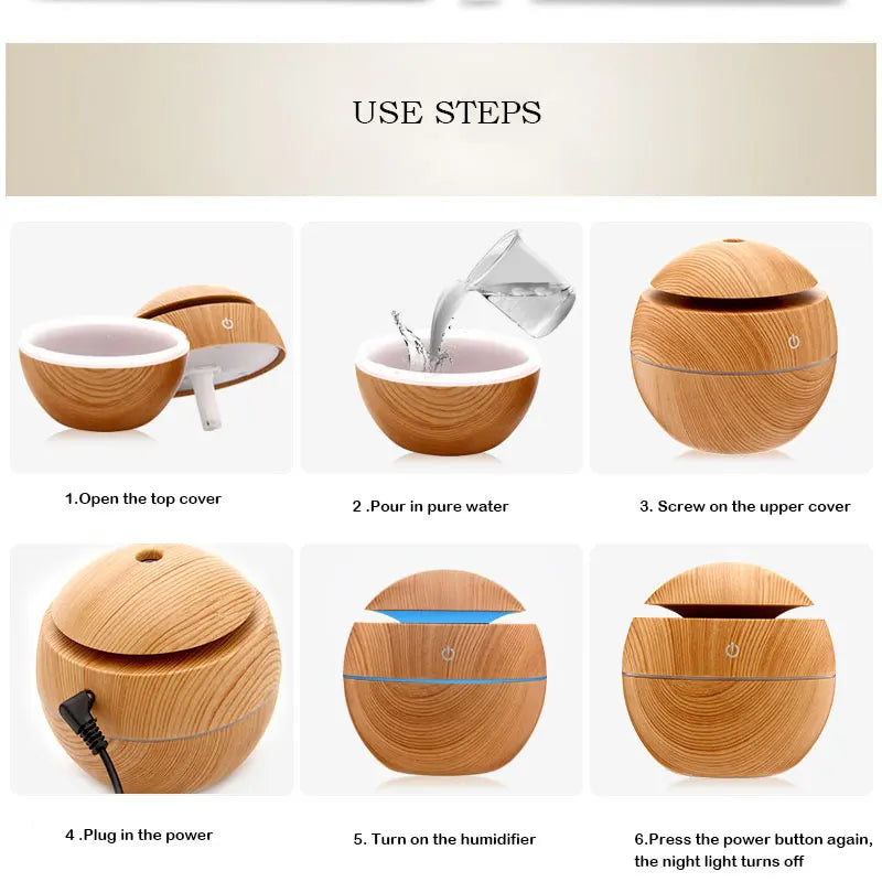 130ML Air Humidifier Ultrasonic USB Aroma Diffuser Wood Grain LED Night Light Oil Diffuser Aromatherapy Home