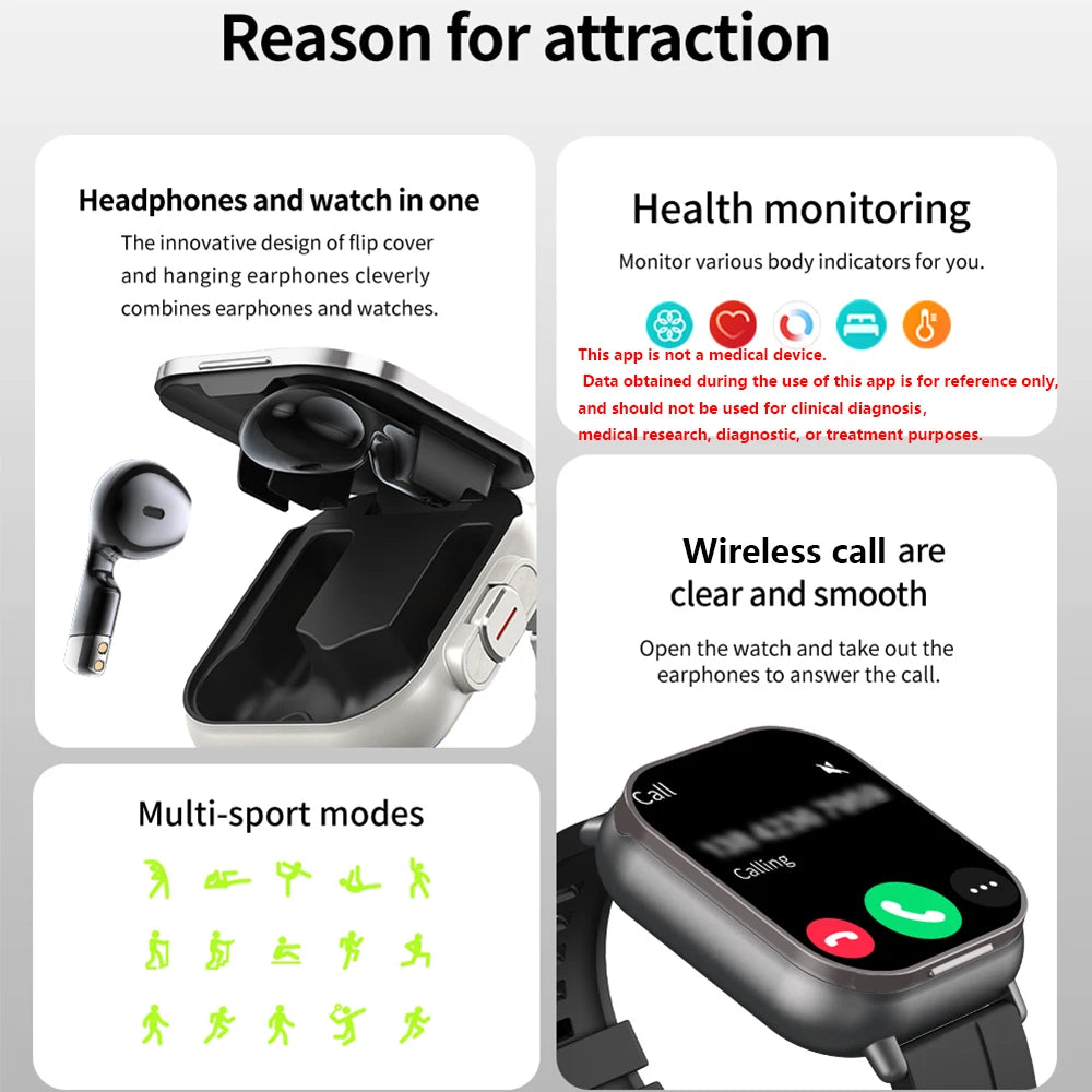 Headset Smart Watch TWS Two In One Wireless Bluetooth Dual Headset Call Health Blood Pressure Sport BT Music Smartwatch