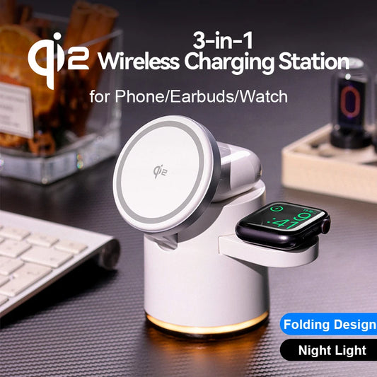 Qi2 Wireless Charger 3-in-1 Fast Charging Station Stand Folding Holder for iPhone 16 15 14 Pro Max Airpods Apple Watch