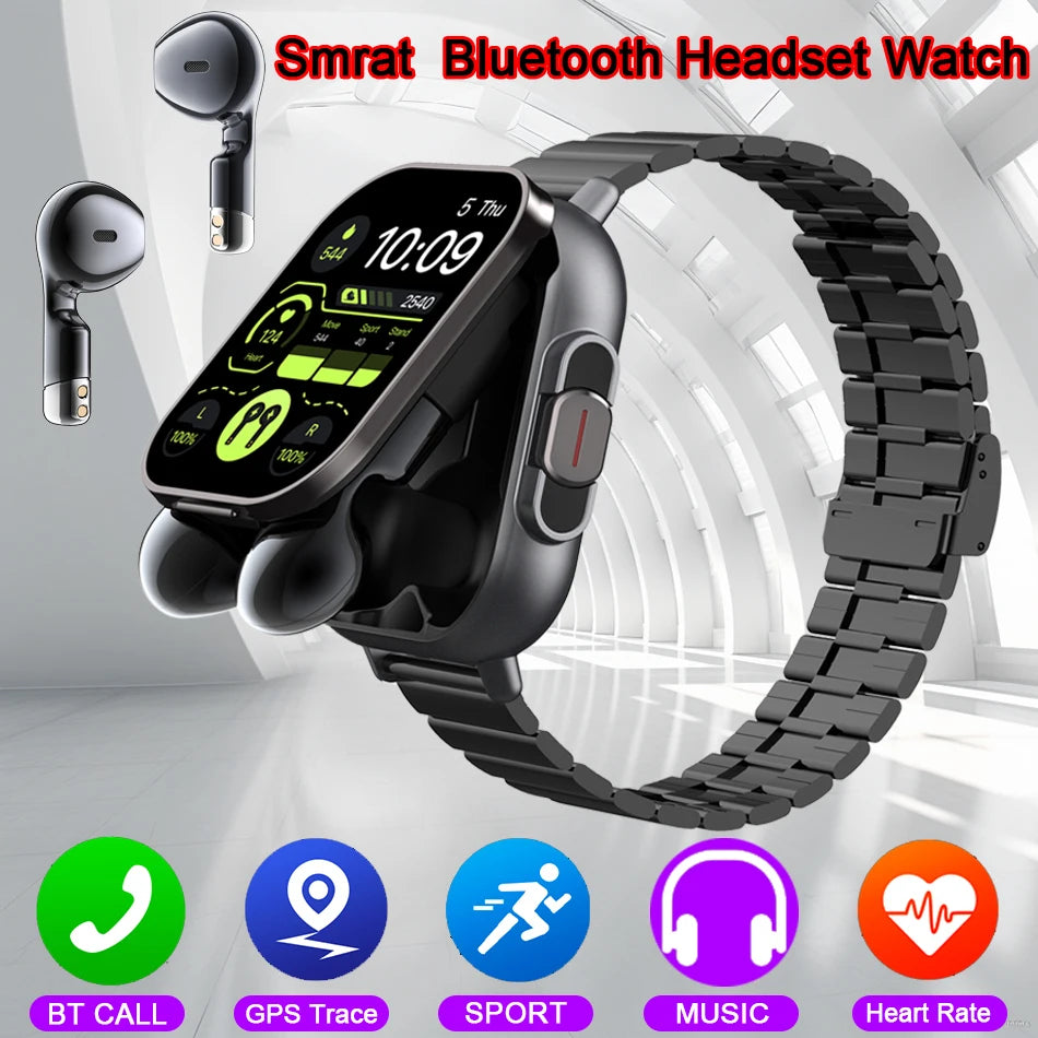 Watch 2 in 1 With Earphone Smartwatch Bluetooth Call Men Watch GPS Track Heart Rate Monitor Play Music Smart Watch