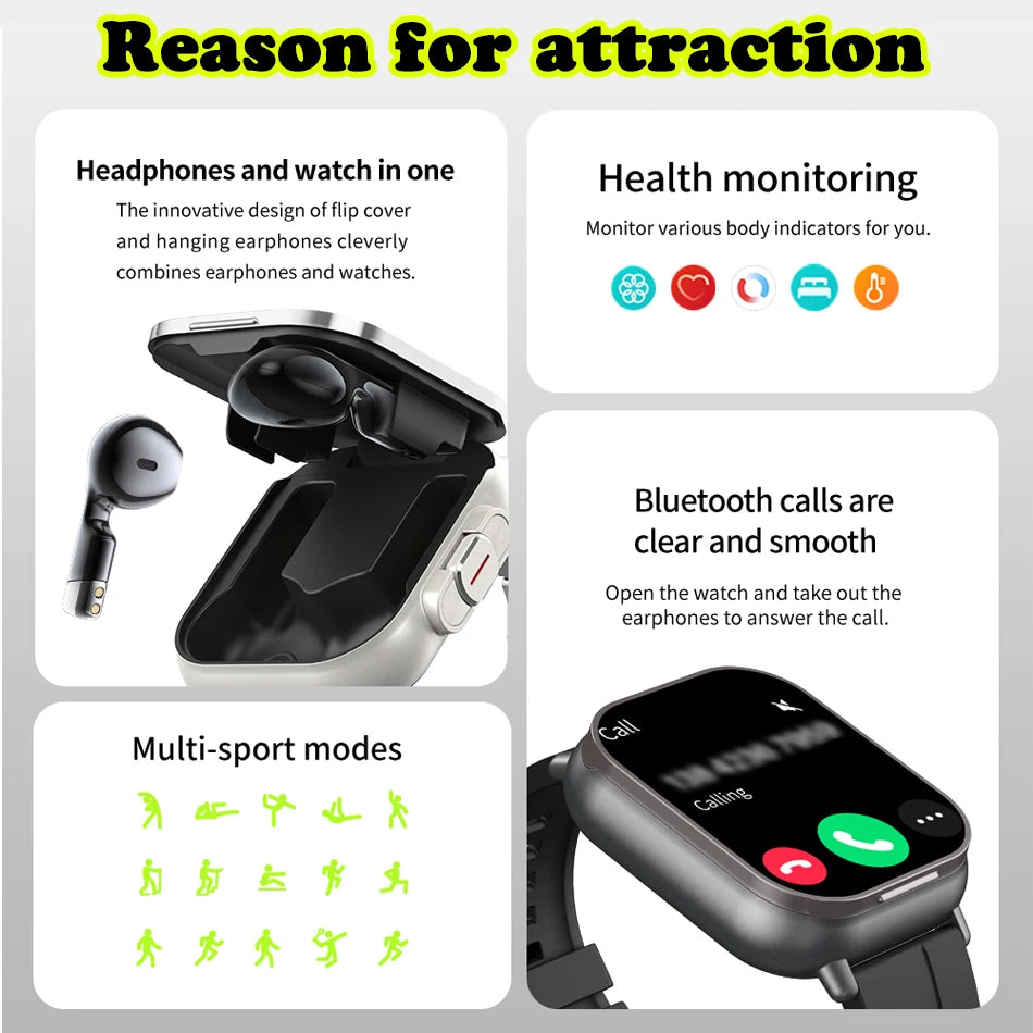 Watch 2 in 1 With Earphone Smartwatch Bluetooth Call Men Watch GPS Track Heart Rate Monitor Play Music Smart Watch