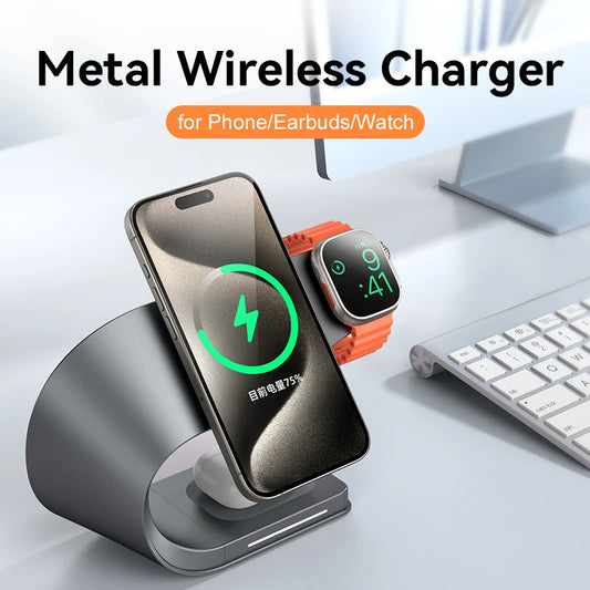 4 in 1 Metal Shell Wireless Charger for iPhone 15 14 13 12 Magnetic Fast Charging Station Stand Dock for Apple Airpods Watch