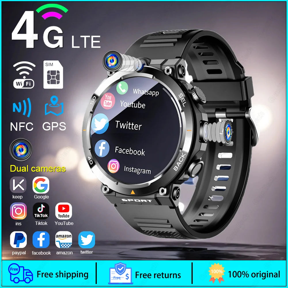 4G LTE Smartwatch 1.39" GPS Dual Camera Wifi SIM NFC Rugged 16G-ROM Google Play APP Download Men Women Android Smart Watch 2024