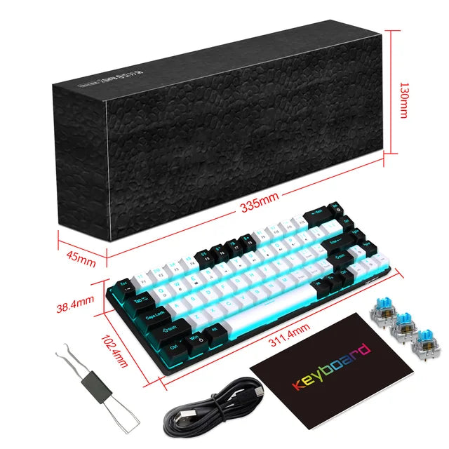 68 Keys Mechanical Keyboard Ergonomics RGB Backlit LED Hot Swappable Blue Switch Gaming Keyboard for PC Laptop