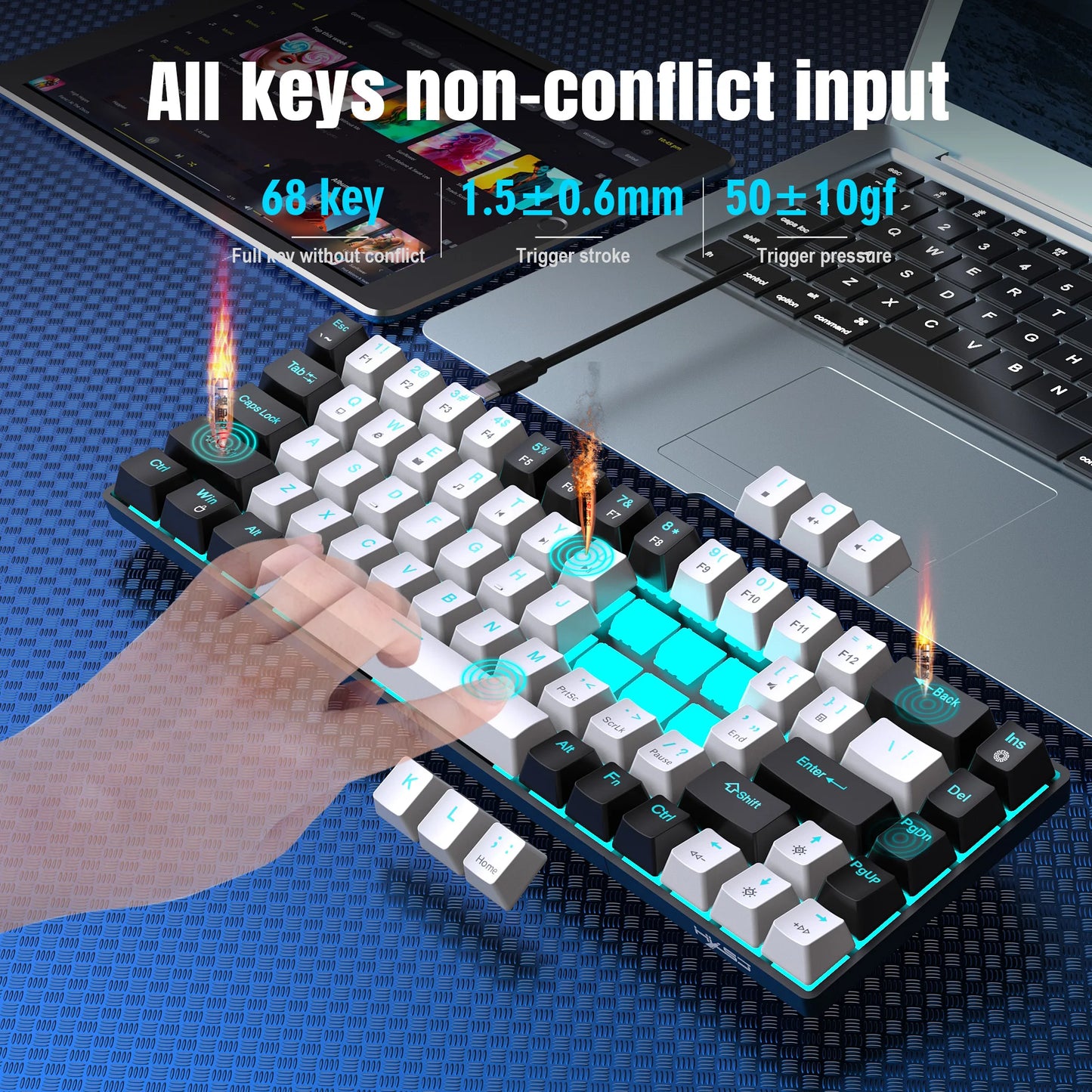 68 Keys Mechanical Keyboard Ergonomics RGB Backlit LED Hot Swappable Blue Switch Gaming Keyboard for PC Laptop