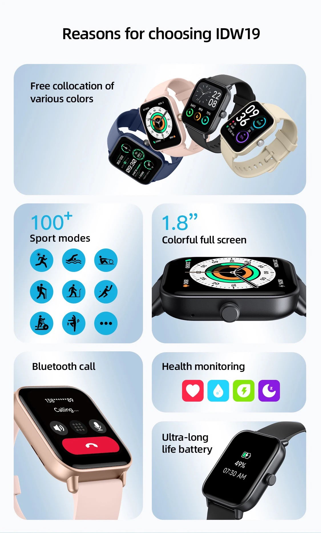 Build-in Alexa Smart Watch IDW19  5ATM IP68 Waterproof Bluetooth Call