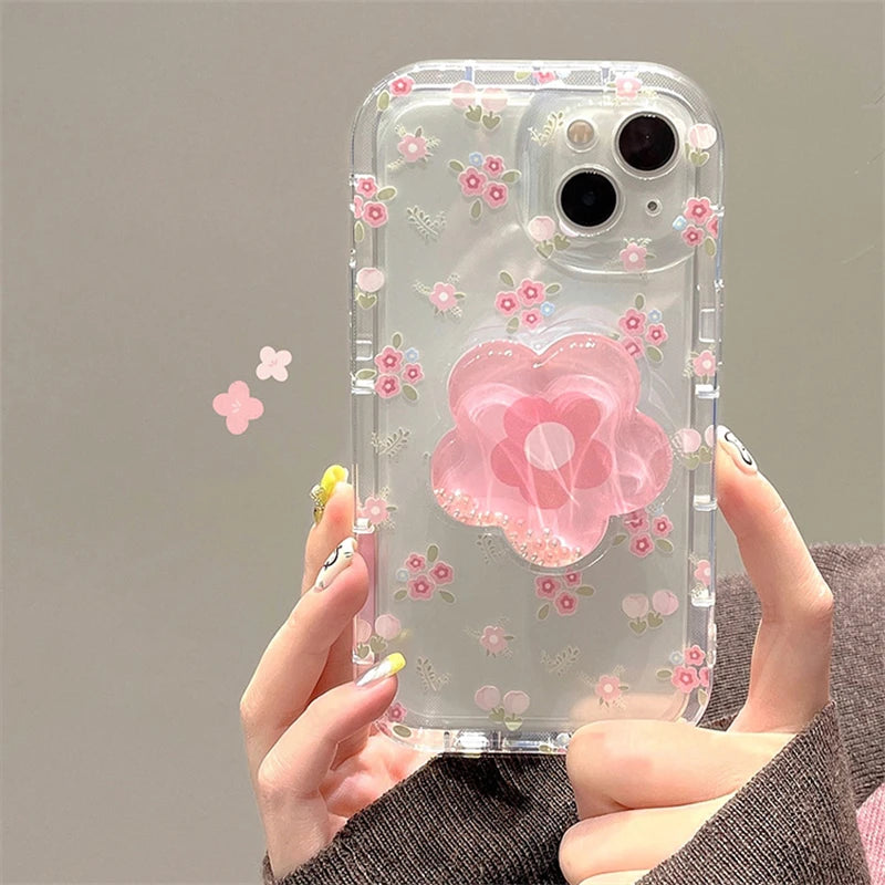 Cute Quicksand Pink Flower Holder Phone Case For iPhone 16 15 14 13 12 11 Pro Max XR X XS 7 8 Plus Stand Floral Clear Soft Cover