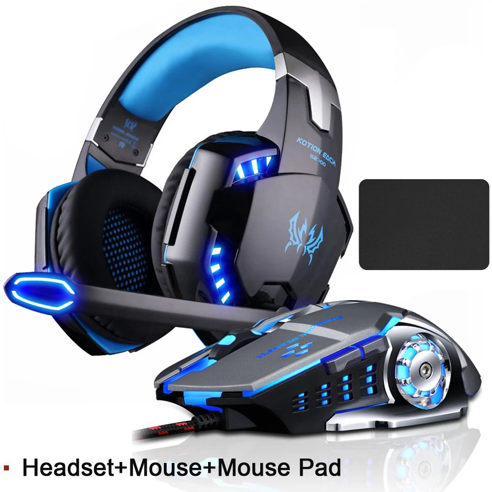 Gaming Headset Deep Bass Stereo Game Headphone with Microphone LED Light for PC Laptop PS4+Gaming Mouse+Mice Pad