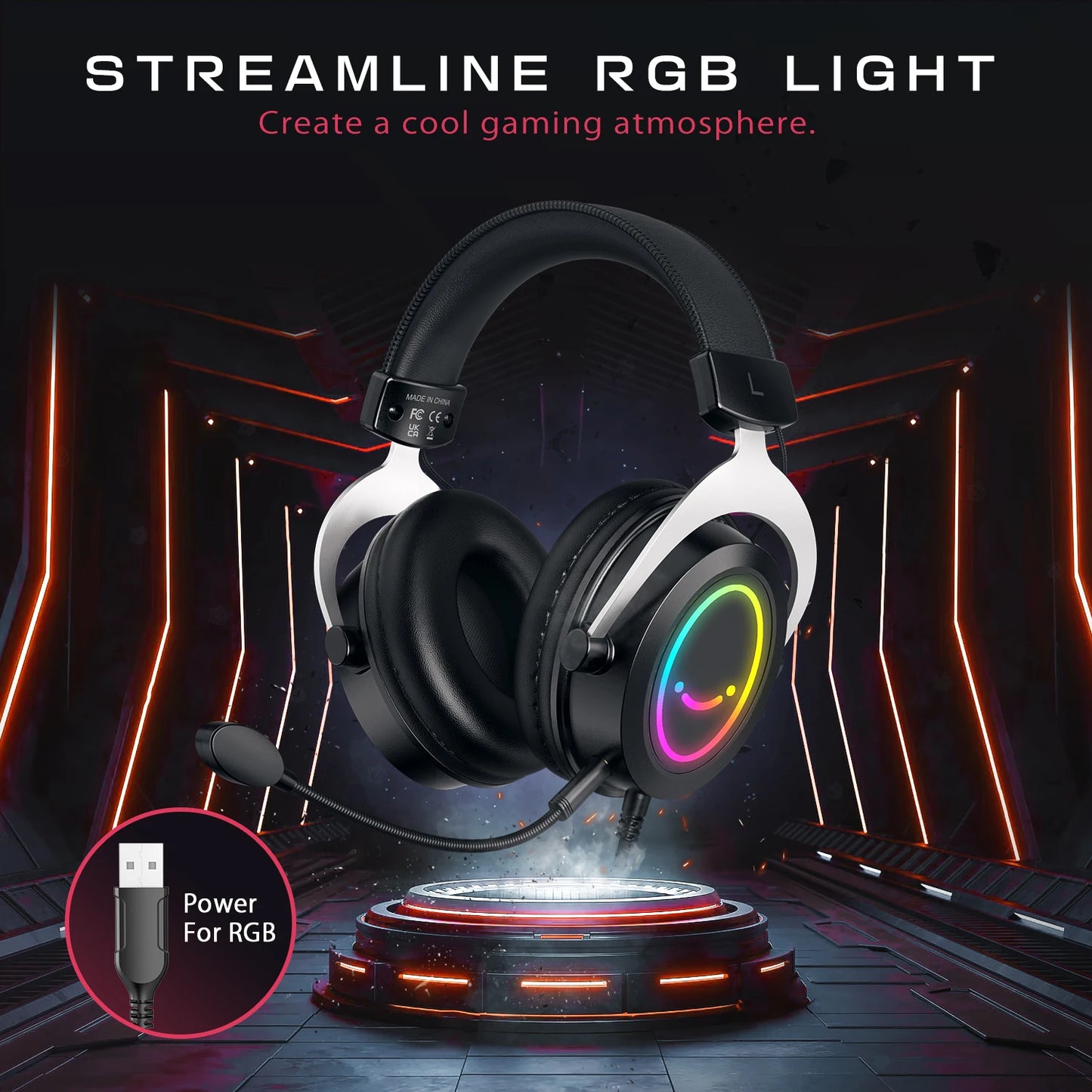 Gaming Headset with Dynamic RGB/MIC/In-line control,Ultra-Soft Memory Foam Ear Pads,for PC PS4 PS5 Xbox Laptops -H3