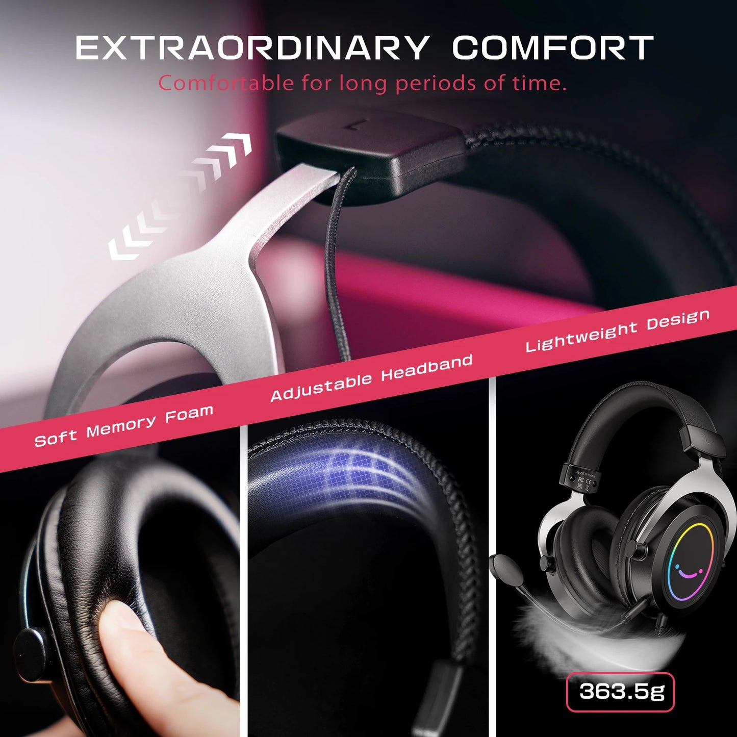 Gaming Headset with Dynamic RGB/MIC/In-line control,Ultra-Soft Memory Foam Ear Pads,for PC PS4 PS5 Xbox Laptops -H3