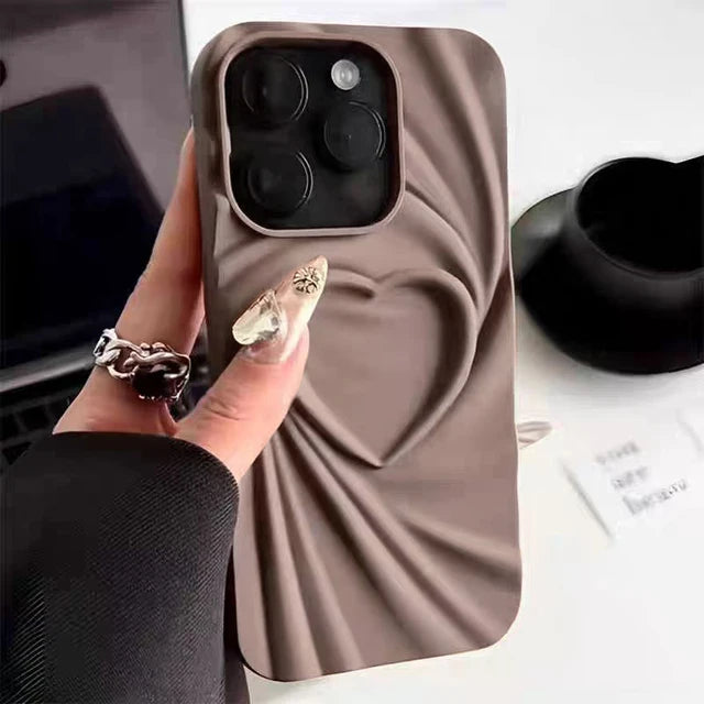 Fashion Fold Wrinkle 3D Love Heart Phone Case For iPhone 13 14 15 Pro Max 16 Plus 11 12 ProMax Soft Matte Silicone Full Cover