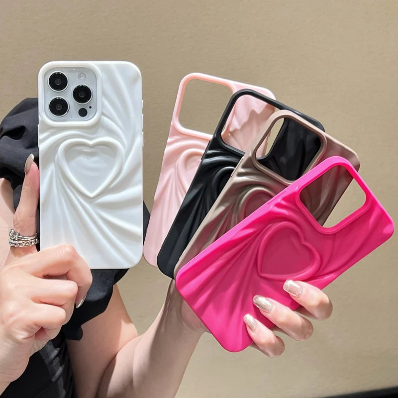 Fashion Fold Wrinkle 3D Love Heart Phone Case For iPhone 13 14 15 Pro Max 16 Plus 11 12 ProMax Soft Matte Silicone Full Cover