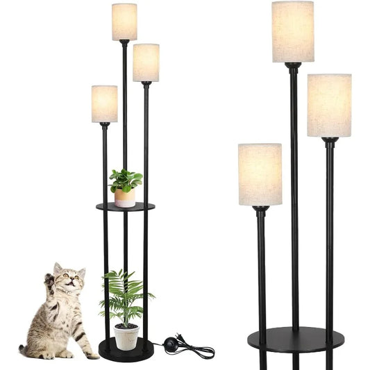 Floor Lamp with Shelves, Modern Floor Lamps, 3-Lights Standing Lamp with Linen Shade and Foot Switch