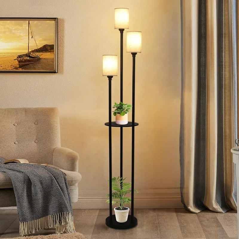 Floor Lamp with Shelves, Modern Floor Lamps, 3-Lights Standing Lamp with Linen Shade and Foot Switch