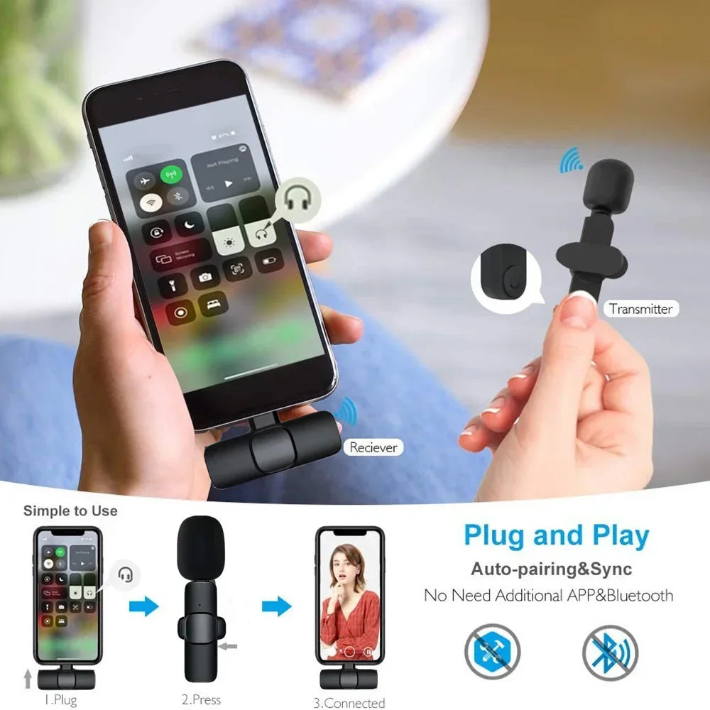 Wireless Lavalier Microphone Portable Audio Video Recording Mini Mic For iPhone Android Long battery life