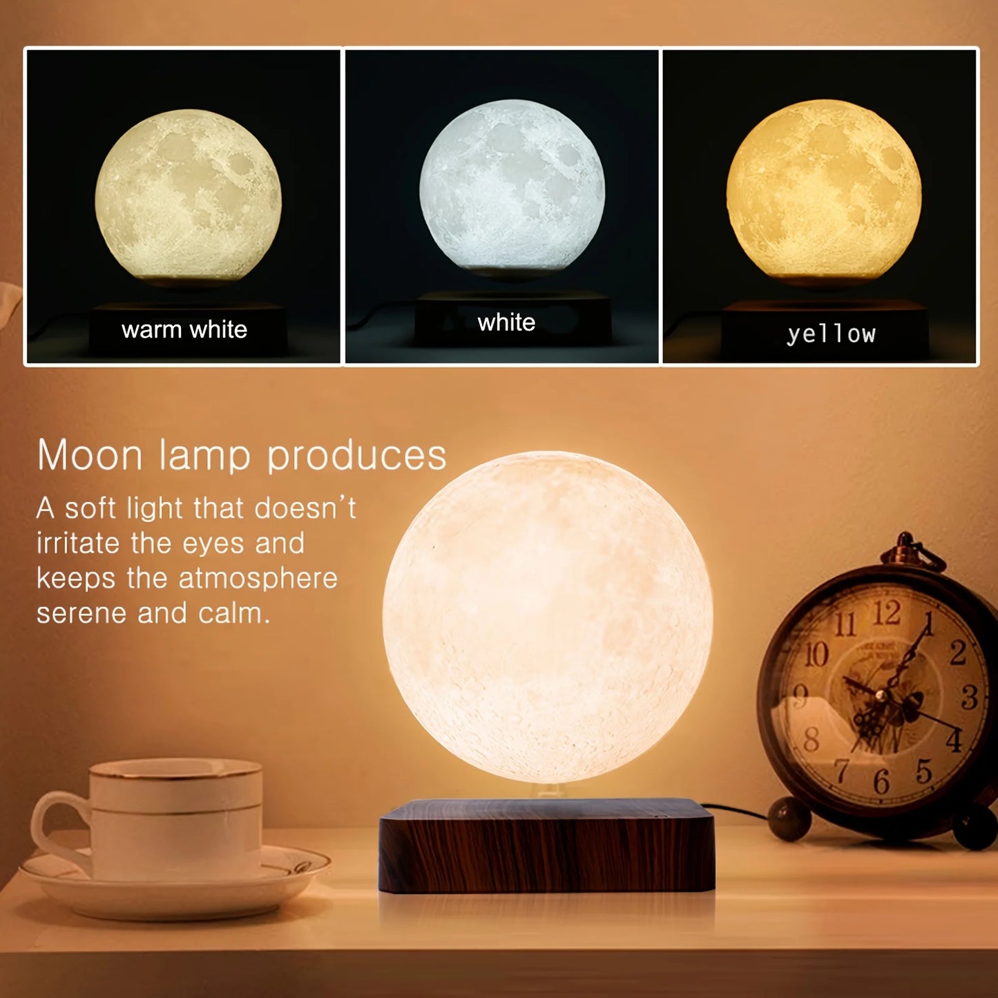 Levitating Moon Magnetic Floating Night Light, Creative Table 3D Printed LED Lamp with Wooden Base