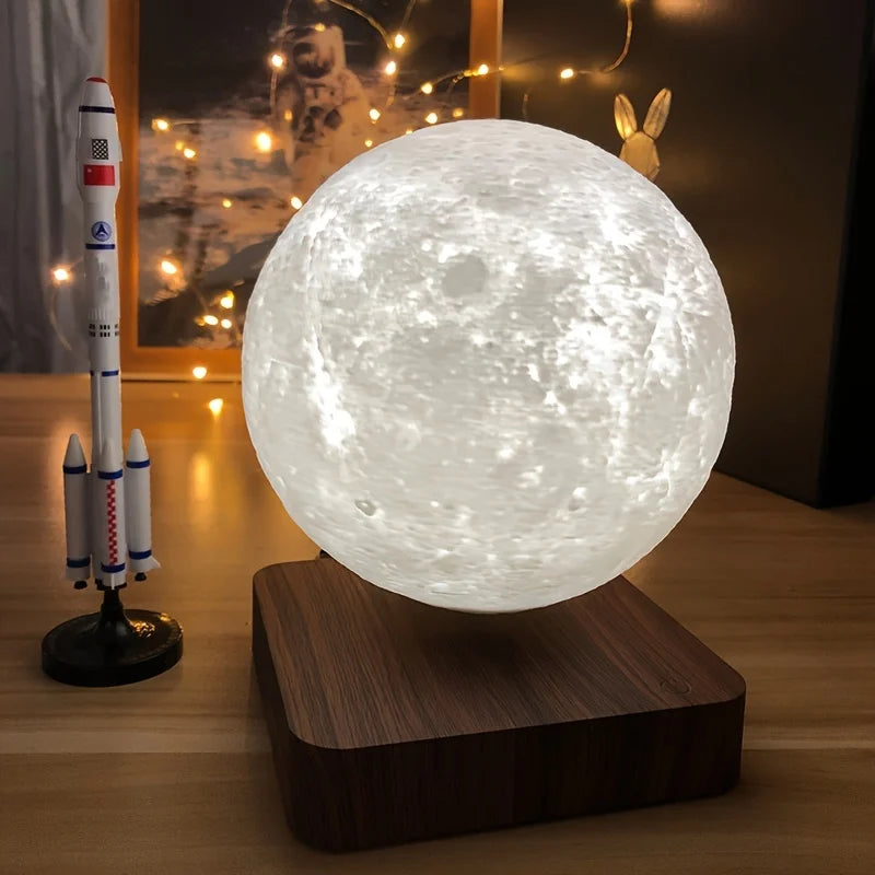 Levitating Moon Magnetic Floating Night Light, Creative Table 3D Printed LED Lamp with Wooden Base