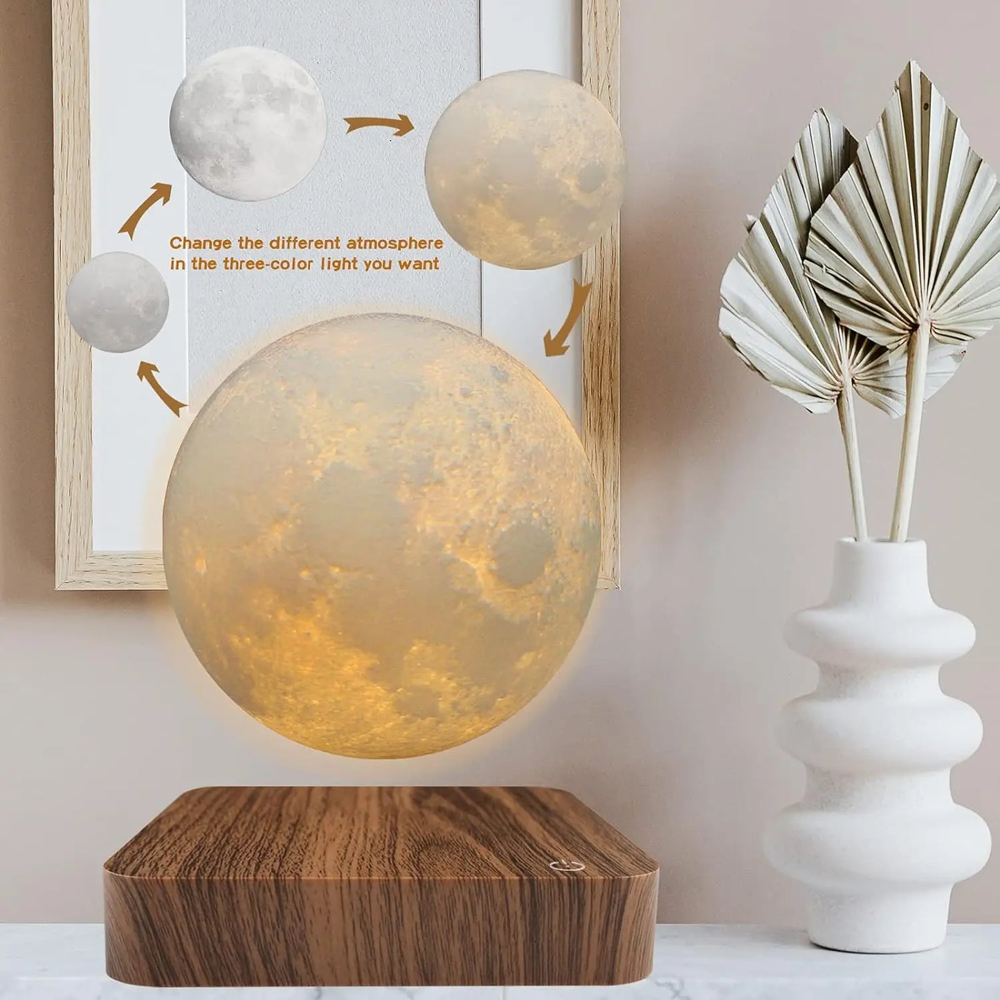 Levitating Moon Magnetic Floating Night Light, Creative Table 3D Printed LED Lamp with Wooden Base