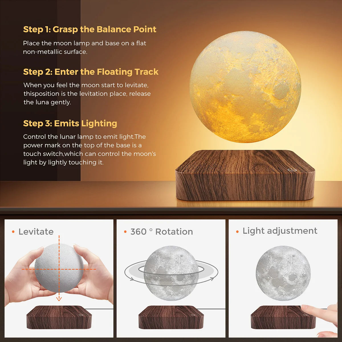 Levitating Moon Table Lamp, Magnetic Floating Light With 3 Lighting Modes Levitation Night Light