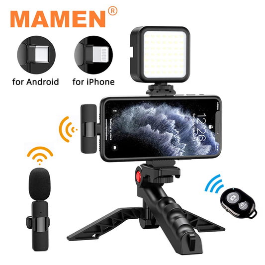 Wireless Vlogging Kit Phone Tripod with Lavalier Microphone LED Light for iPhone Android Smartphone Live Streaming Toolkit