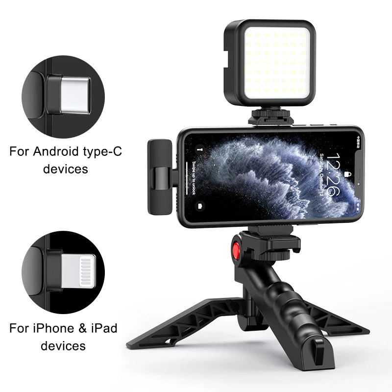 Wireless Vlogging Kit Phone Tripod with Lavalier Microphone LED Light for iPhone Android Smartphone Live Streaming Toolkit