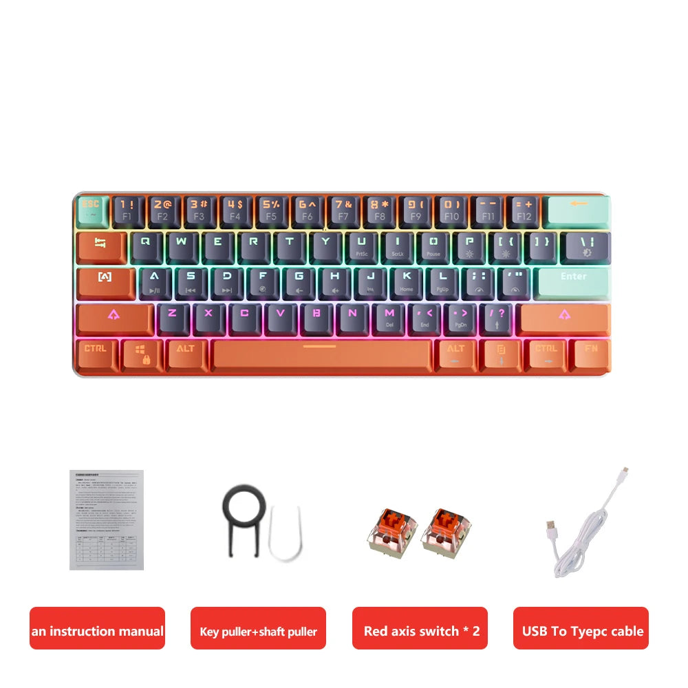 61 Key USB Wired Mechanical Keyboard LED Backlit Axis Gaming Mechanical Keyboard Red Switches For Desktop