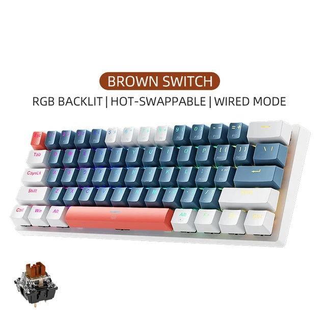 Mini Mechanical Keybaord 60% Form Factor 61Keys Gaming Keybaord Wired Full Key Hot-Swappable RGB Backlit