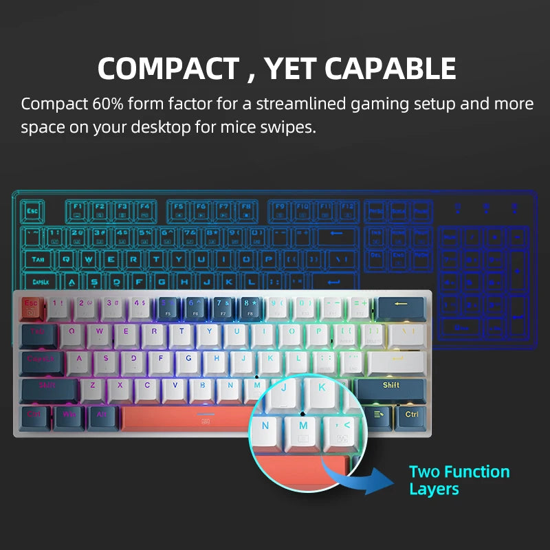 Mini Mechanical Keybaord 60% Form Factor 61Keys Gaming Keybaord Wired Full Key Hot-Swappable RGB Backlit