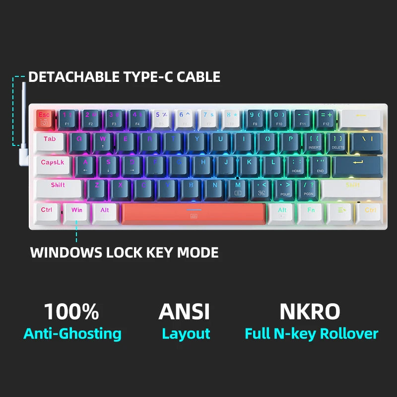 Mini Mechanical Keybaord 60% Form Factor 61Keys Gaming Keybaord Wired Full Key Hot-Swappable RGB Backlit