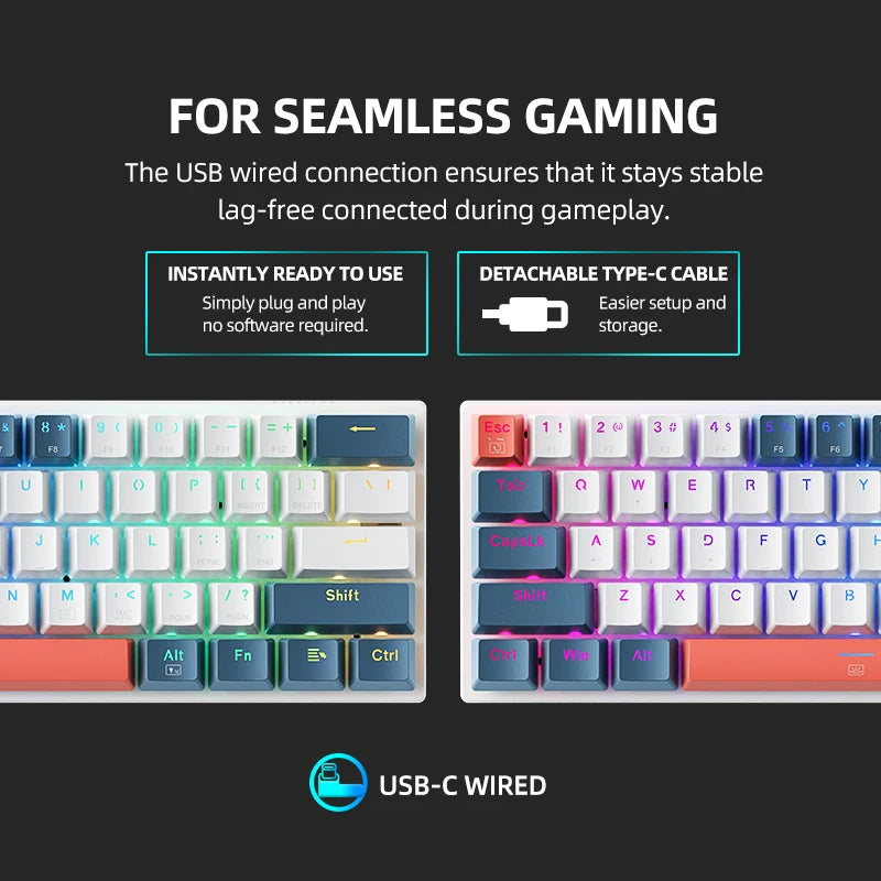 Mini Mechanical Keybaord 60% Form Factor 61Keys Gaming Keybaord Wired Full Key Hot-Swappable RGB Backlit