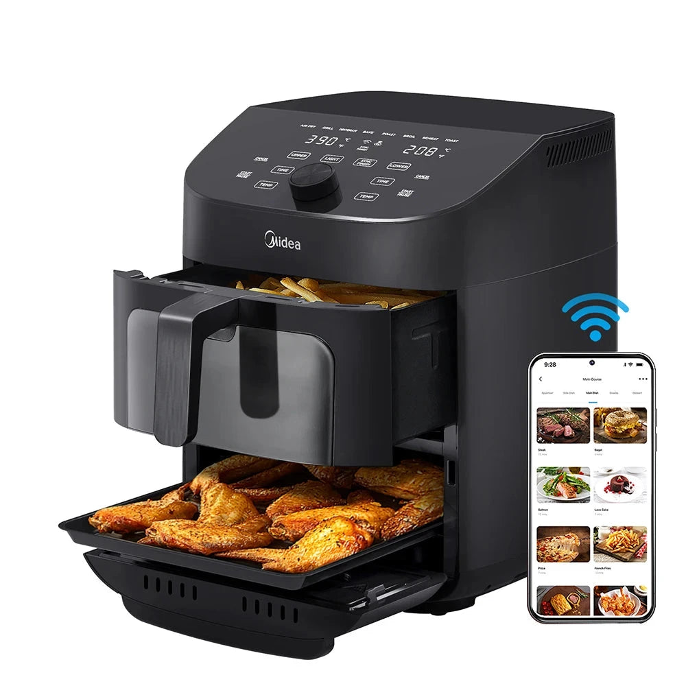 Midea Dual Basket Air Fryer Oven 11 Quart 8 in 1 Functions Clear Window Smart Sync Finish Works with Alexa Wi-Fi Connectivity