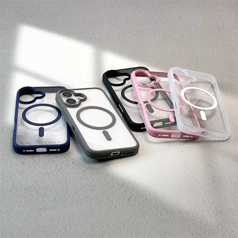 New Senior 16 Pink Magsafe Magnetic Phone Case for iPhone 16 15 Pro Max 14 Matte Frame Clear Antiskid Hard Cover Acrylic Shell