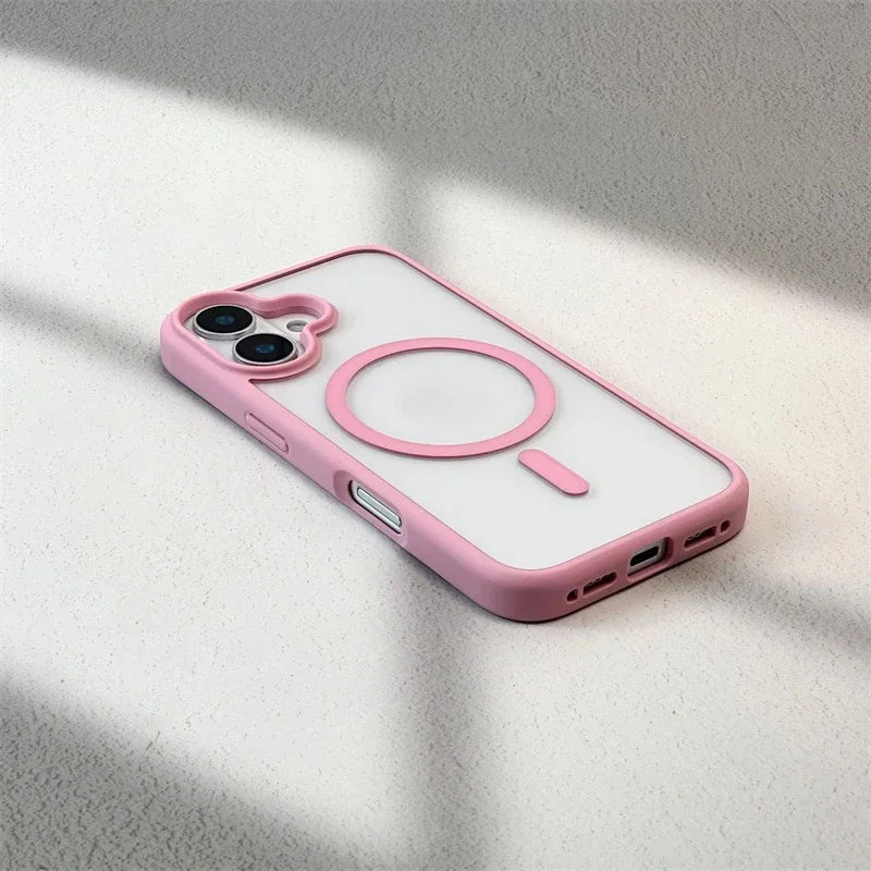 New Senior 16 Pink Magsafe Magnetic Phone Case for iPhone 16 15 Pro Max 14 Matte Frame Clear Antiskid Hard Cover Acrylic Shell