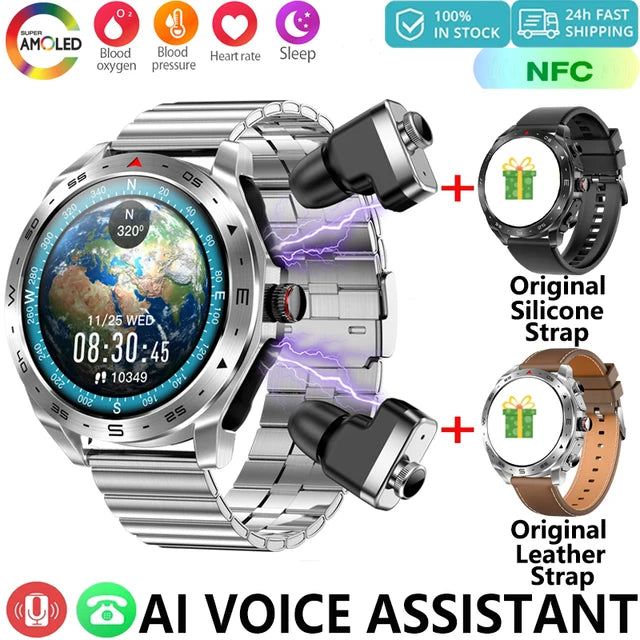 Upgrage 2-in-1 Earphone Smart Watch Men Women NFC Bluetooth Call Health Monitoring For Huawei Xiaomi Android IOS Apple Phone