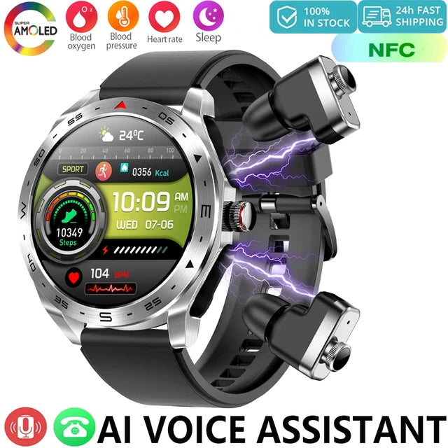 Upgrage 2-in-1 Earphone Smart Watch Men Women NFC Bluetooth Call Health Monitoring For Huawei Xiaomi Android IOS Apple Phone