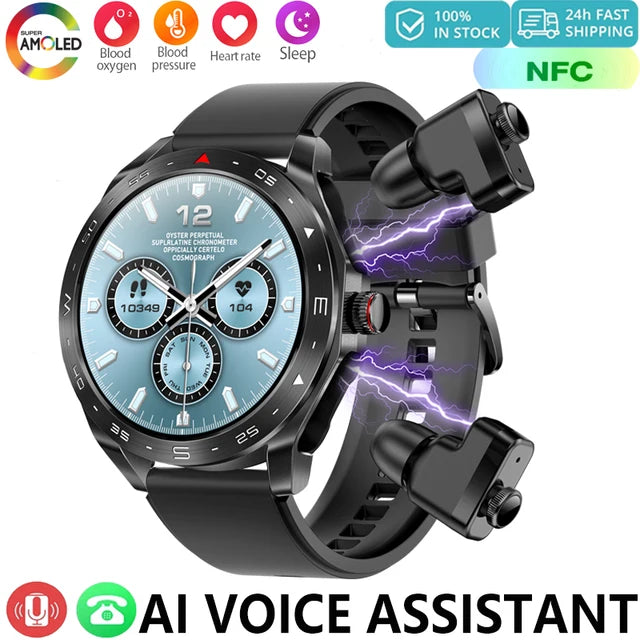 Upgrage 2-in-1 Earphone Smart Watch Men Women NFC Bluetooth Call Health Monitoring For Huawei Xiaomi Android IOS Apple Phone