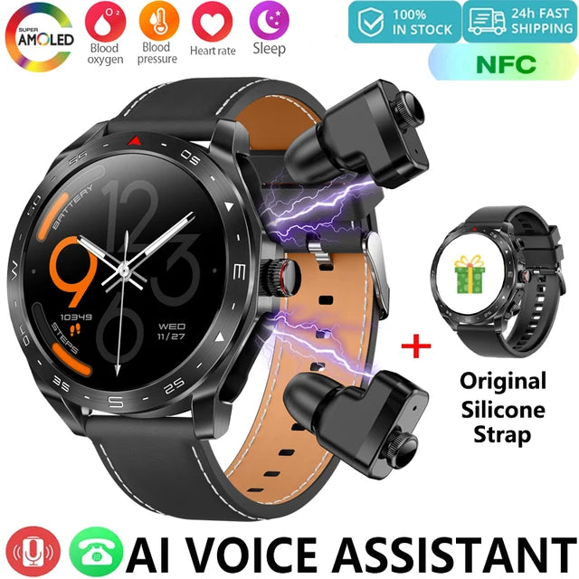 Upgrage 2-in-1 Earphone Smart Watch Men Women NFC Bluetooth Call Health Monitoring For Huawei Xiaomi Android IOS Apple Phone