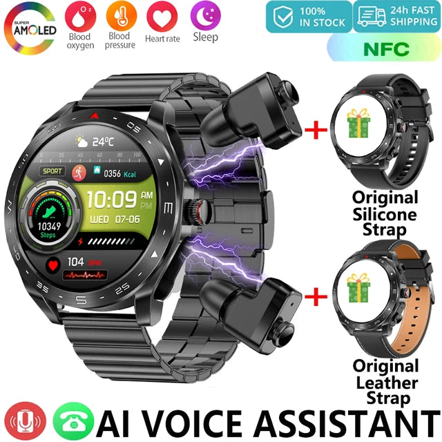 Upgrage 2-in-1 Earphone Smart Watch Men Women NFC Bluetooth Call Health Monitoring For Huawei Xiaomi Android IOS Apple Phone