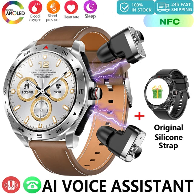 Upgrage 2-in-1 Earphone Smart Watch Men Women NFC Bluetooth Call Health Monitoring For Huawei Xiaomi Android IOS Apple Phone