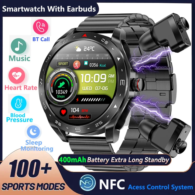 Upgrage 2-in-1 Earphone Smart Watch Men Women NFC Bluetooth Call Health Monitoring For Huawei Xiaomi Android IOS Apple Phone