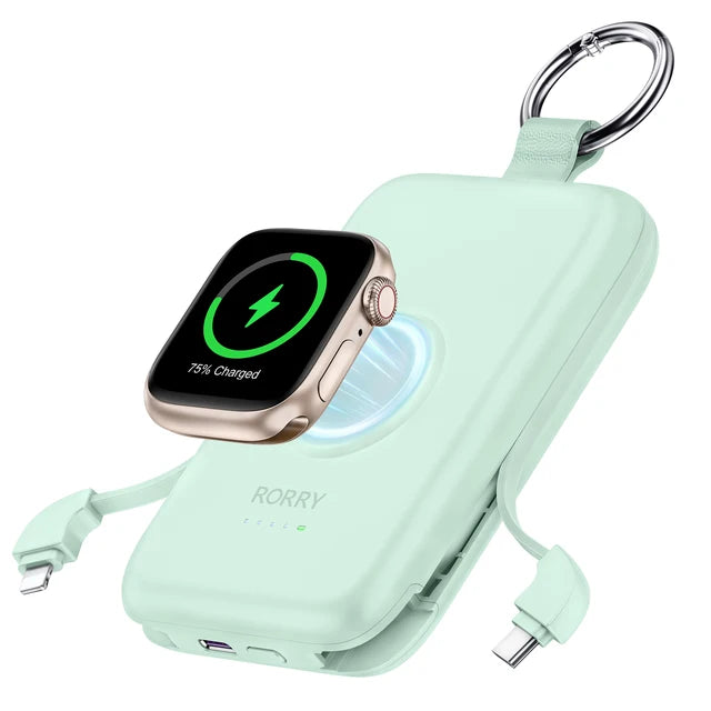 RORRY 10000mAh PD20W Portable Power Bank for iPhone16 15 14 13 Built-in Cable Magnetic Wireless portable Charger for Apple Watch