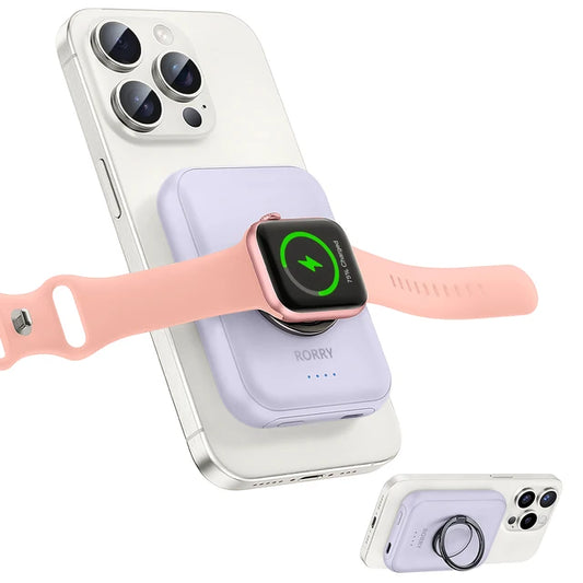 3 In 1 Portable Wireless Charger for Apple Watch Airpods Pro Compact 5000mAh Power Bank with Ring Stand Charge for iPhone