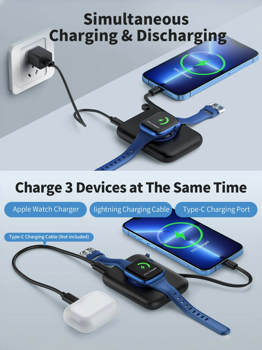 3 in 1 Portable Power Bank with Built in Cable,Wireless Charger for iPhone 15 14 iWatch Apple Watch AirPods Pro for Travel