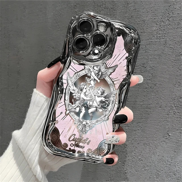 Retro Cupid Angel Phone Case For iPhone 16 15 14 13 12 11 Pro Max Plus Lens Protection Cover European Electroplated Soft Shell