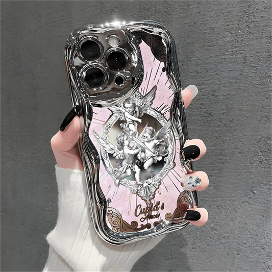 Retro Cupid Angel Phone Case For iPhone 16 15 14 13 12 11 Pro Max Plus Lens Protection Cover European Electroplated Soft Shell