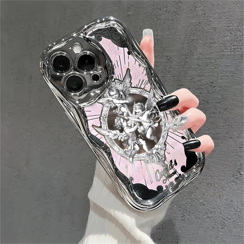 Retro Cupid Angel Phone Case For iPhone 16 15 14 13 12 11 Pro Max Plus Lens Protection Cover European Electroplated Soft Shell